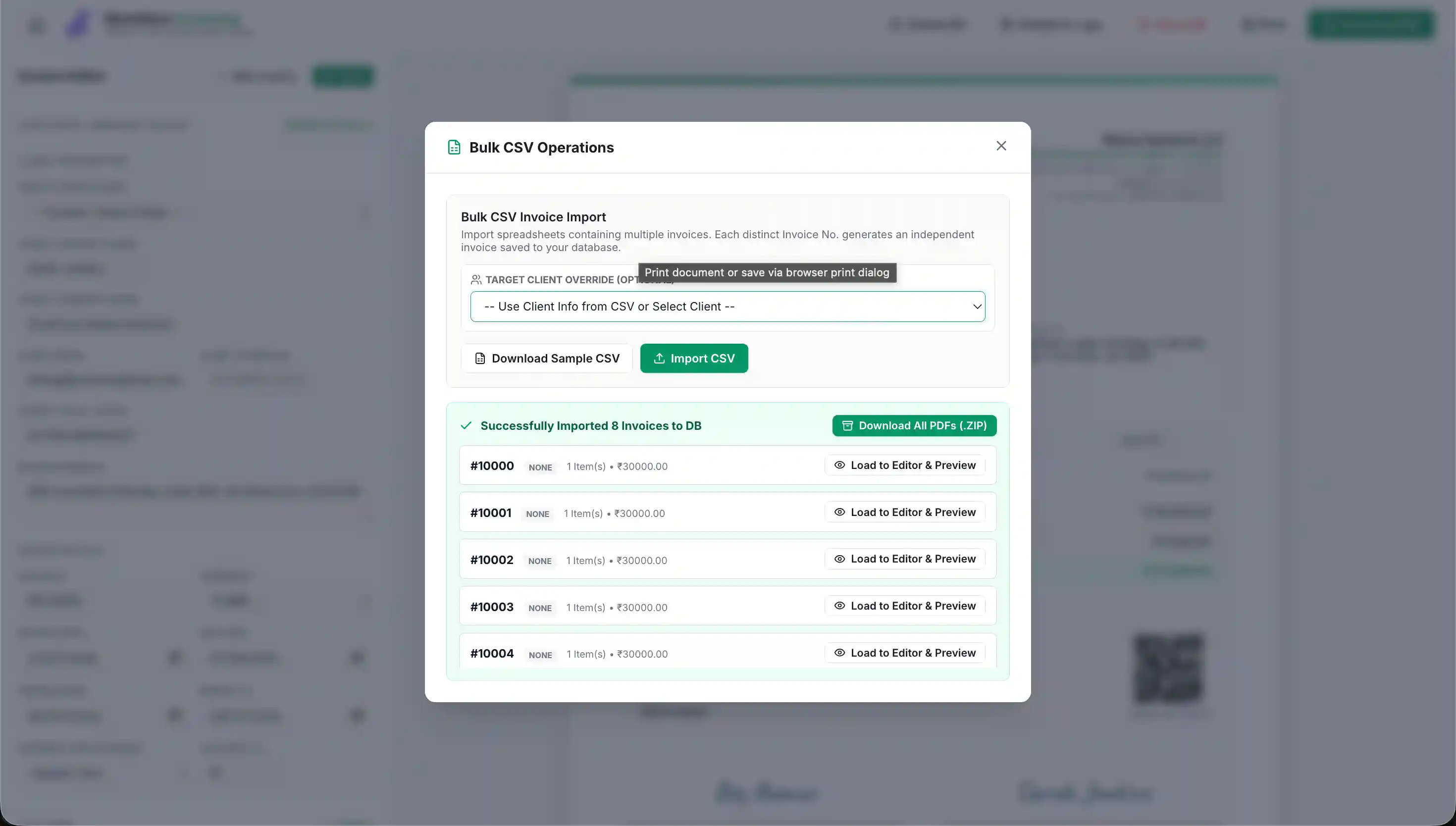 Bulk CSV Operations modal showing successfully imported 8 invoices with Download All PDFs as ZIP option and load-to-editor previews